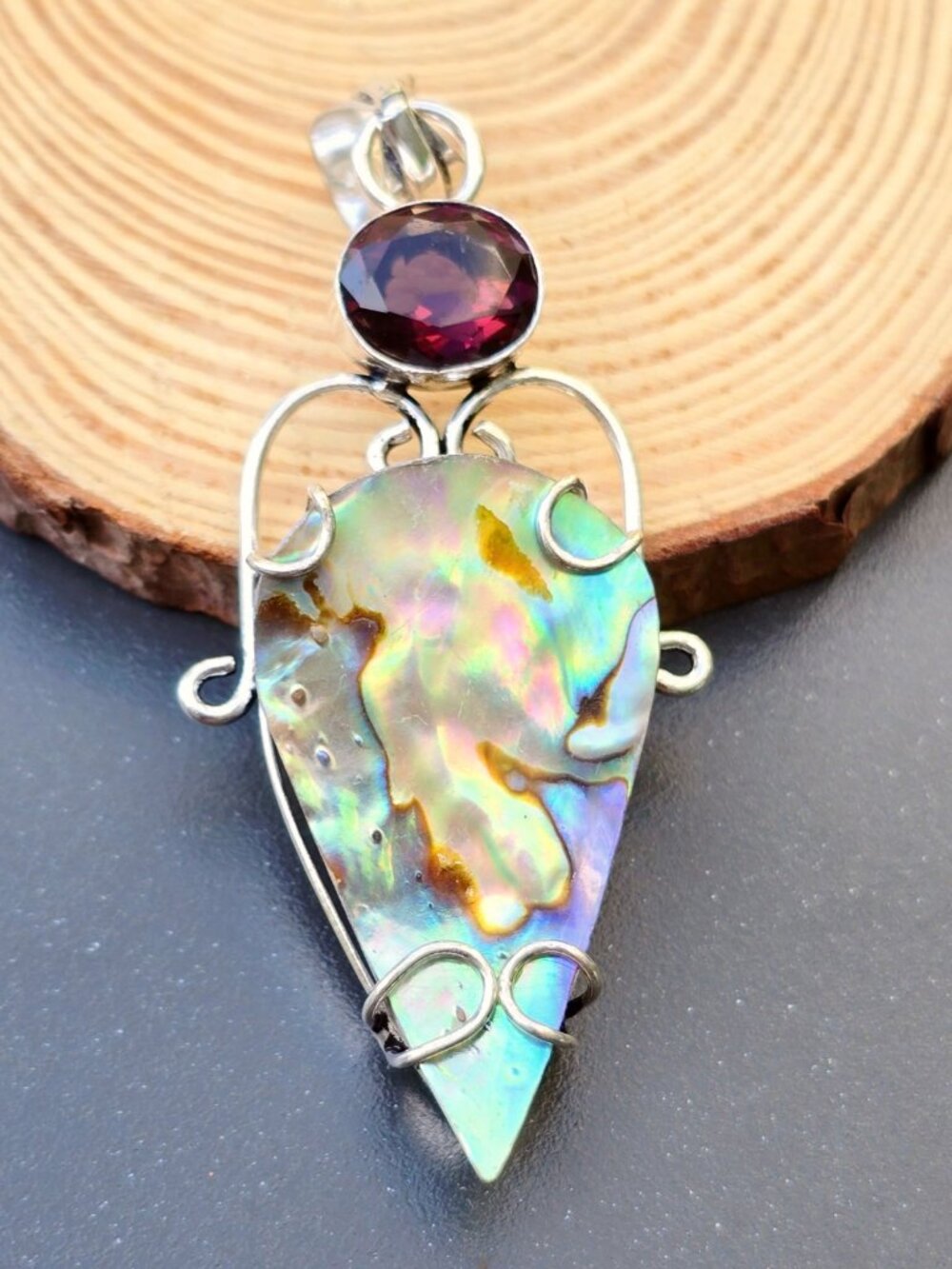 Hand Crafted ✦ Abalone Garnet Sterling Silver Pendant ✦ Boho Natural Shell Gem - Picture 7 of 10